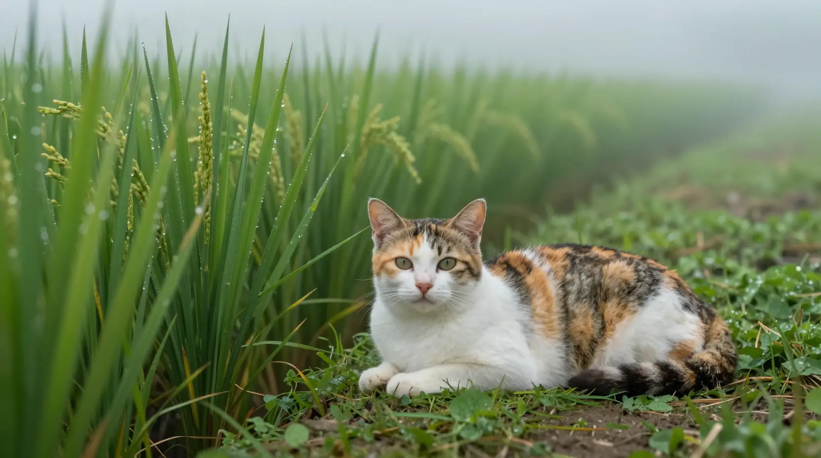 Calico cat resting by a misty green rice field