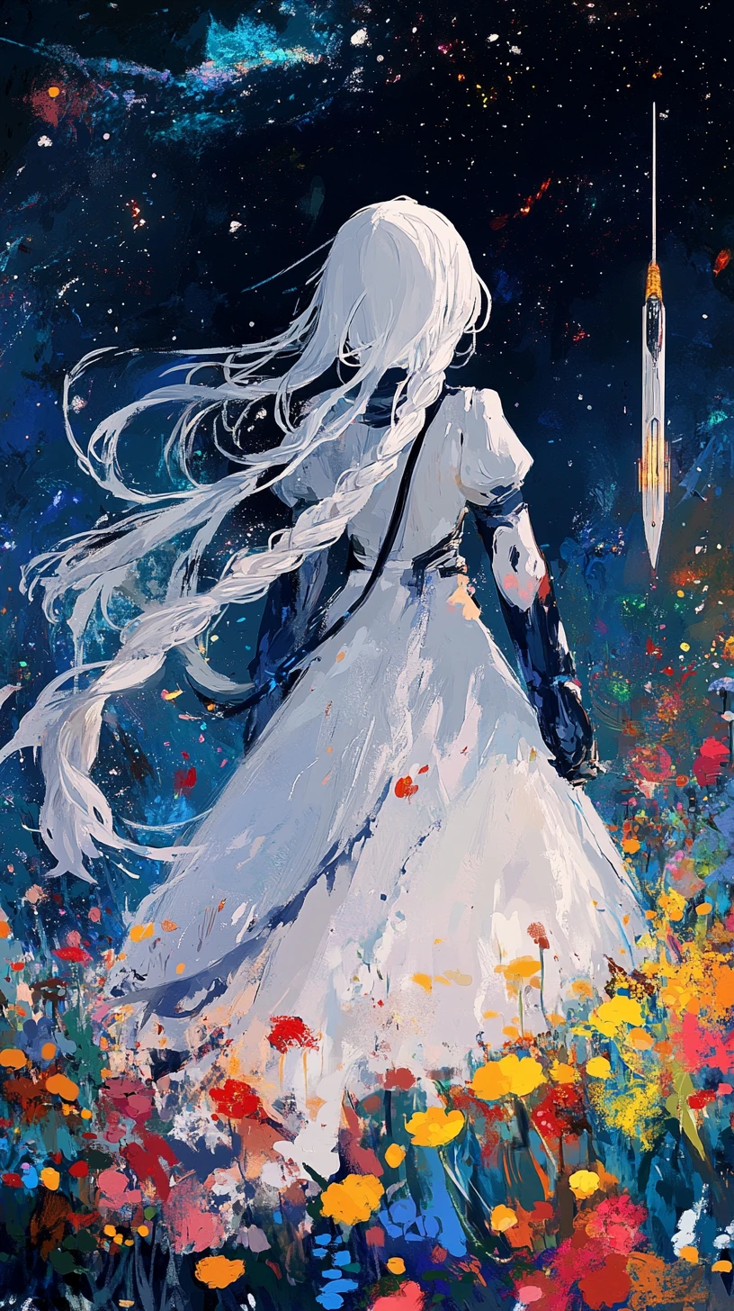 Anime girl with long white braids and ghostly smile