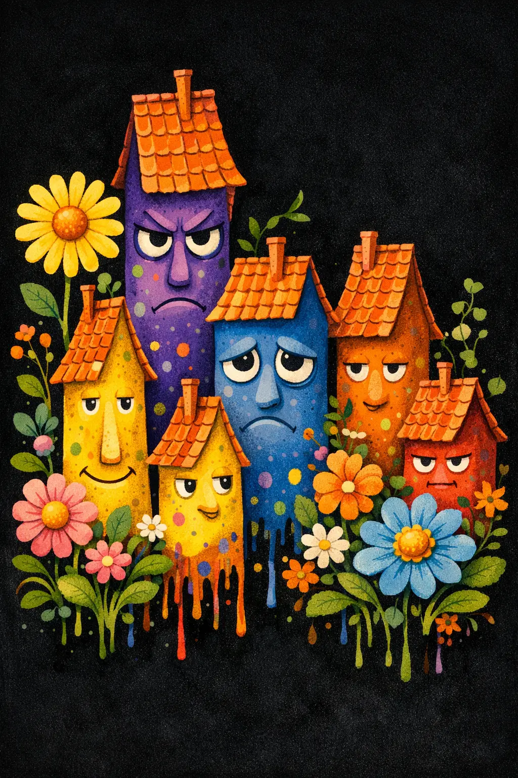 Colorful anthropomorphic houses in a whimsical fantasy village