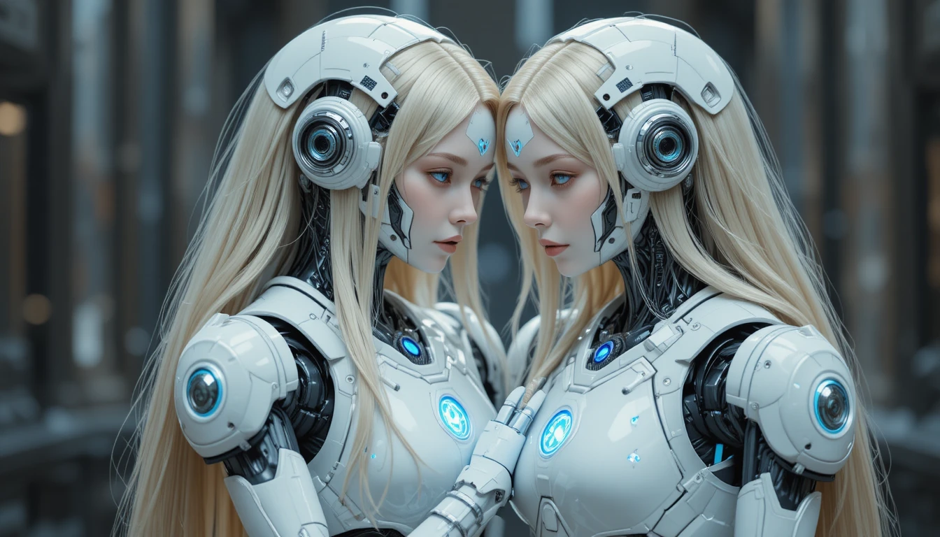 Two blonde haired female robots embracing in white armor