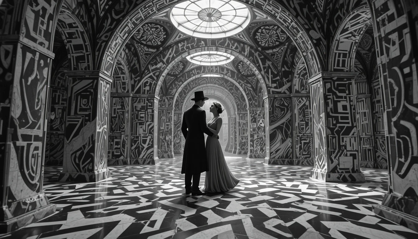Abstract labyrinth interior with psychedelic patterned architecture
