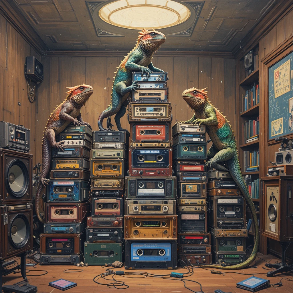 Bearded dragons climbing cassette towers in a retro media room