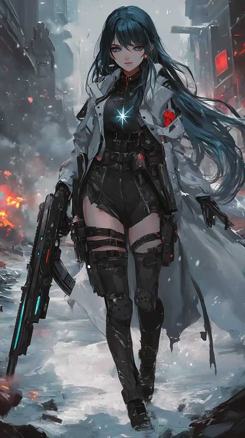 Anime girl with rifle in futuristic war torn city street