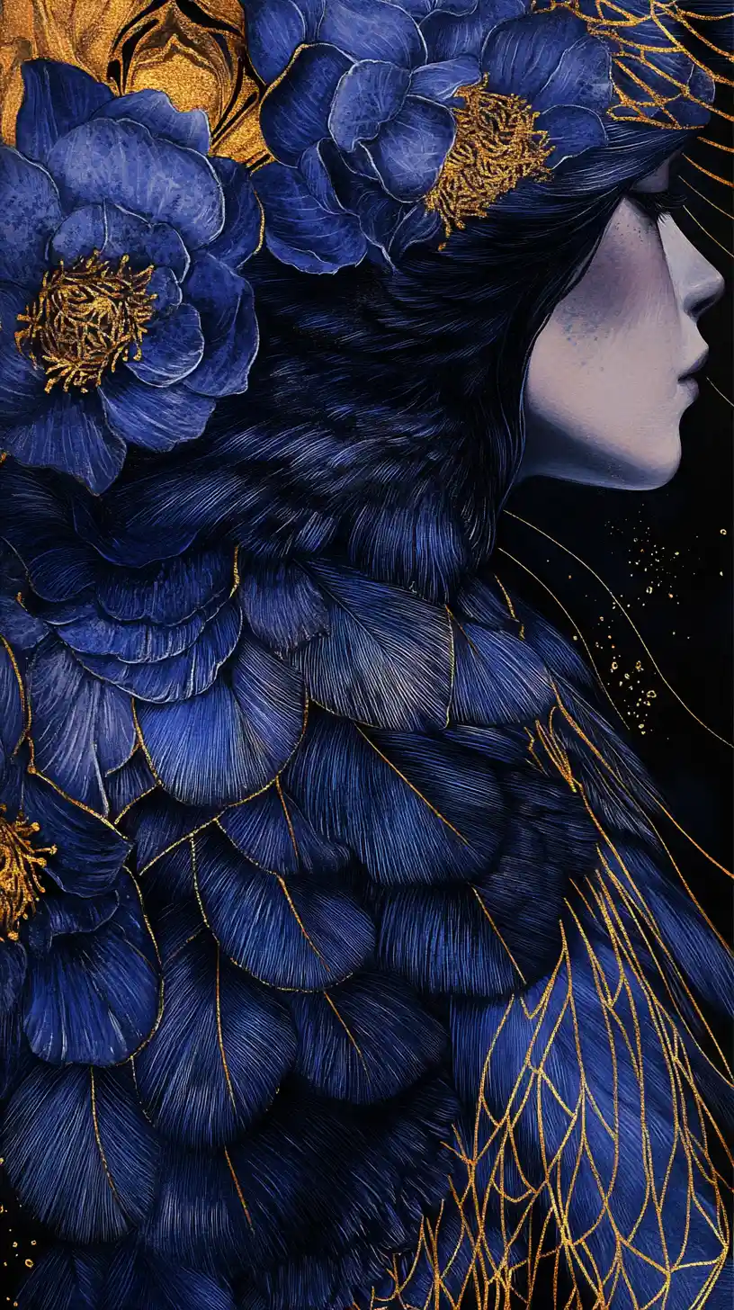 Woman transforming into feathers and flowers in dark illustration