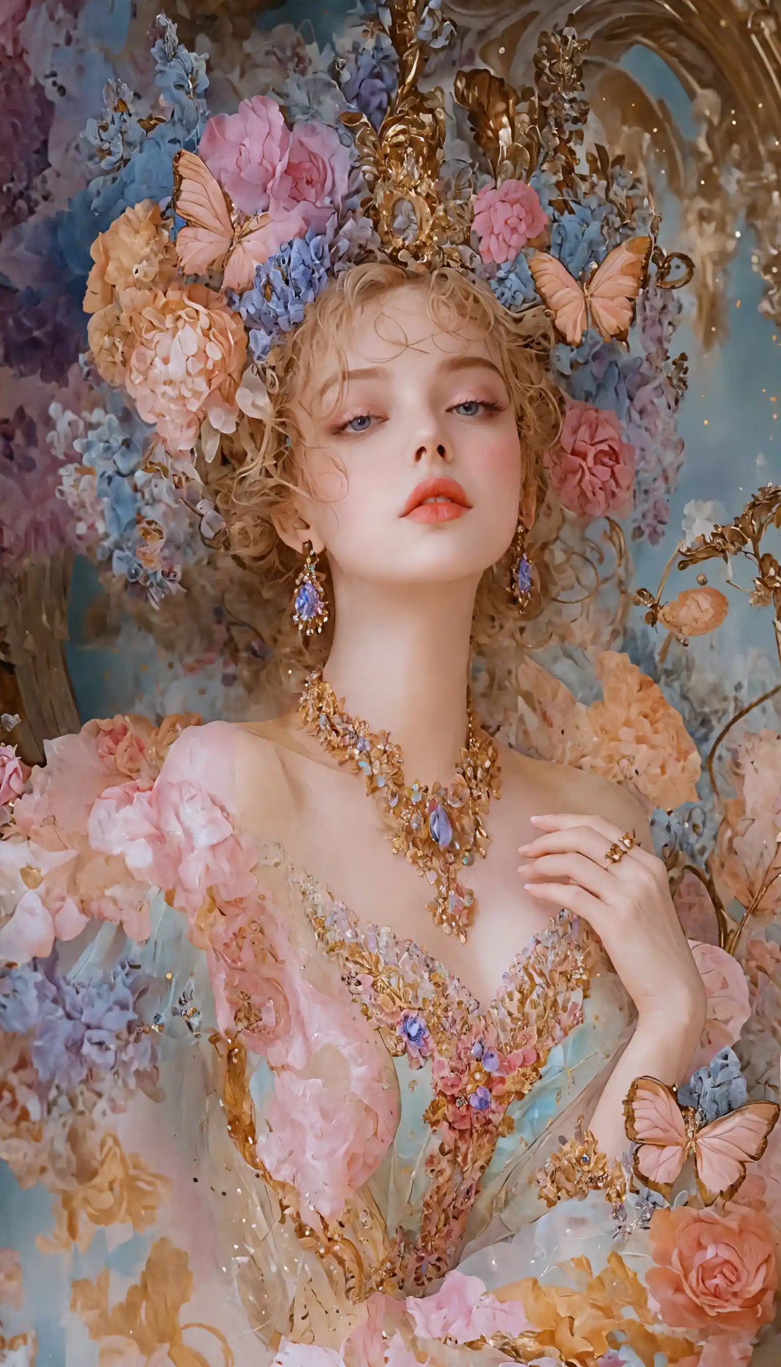 Elegant woman in pastel floral baroque fashion outfit