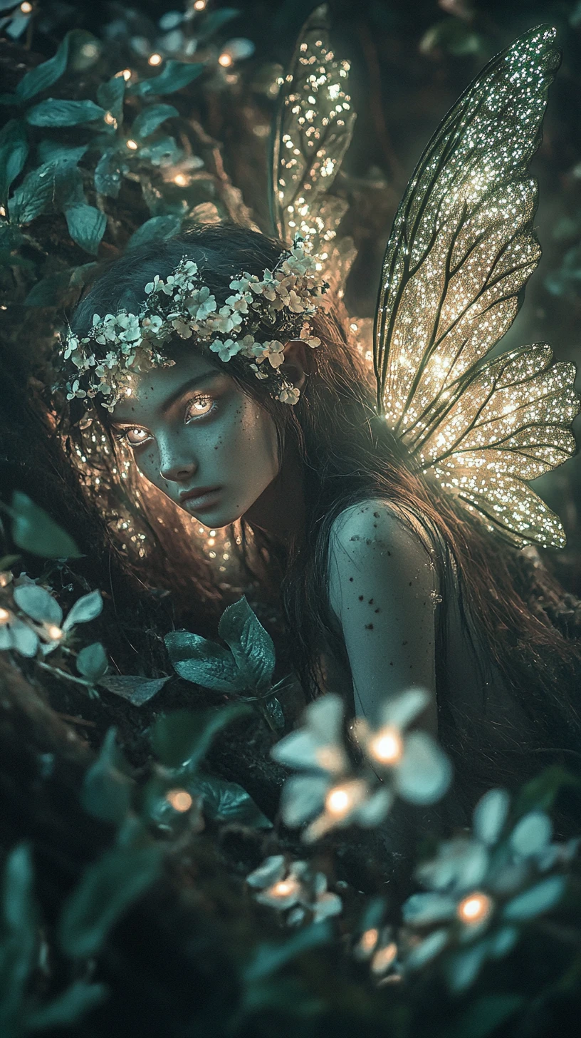 Mujer hada mística en un bosque brillante y en descomposición