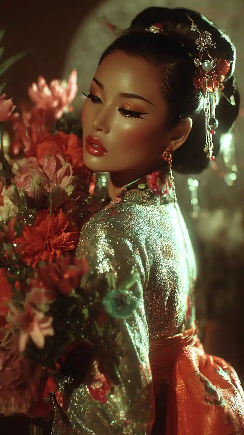 Elegant ancient Chinese woman in ornate hanfu with flowers