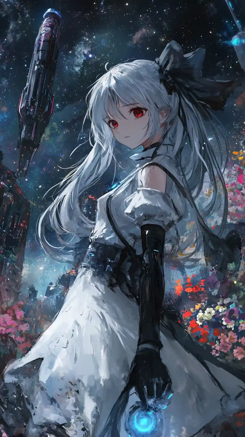 Anime girl with ghostly smile and greasy torn outfit