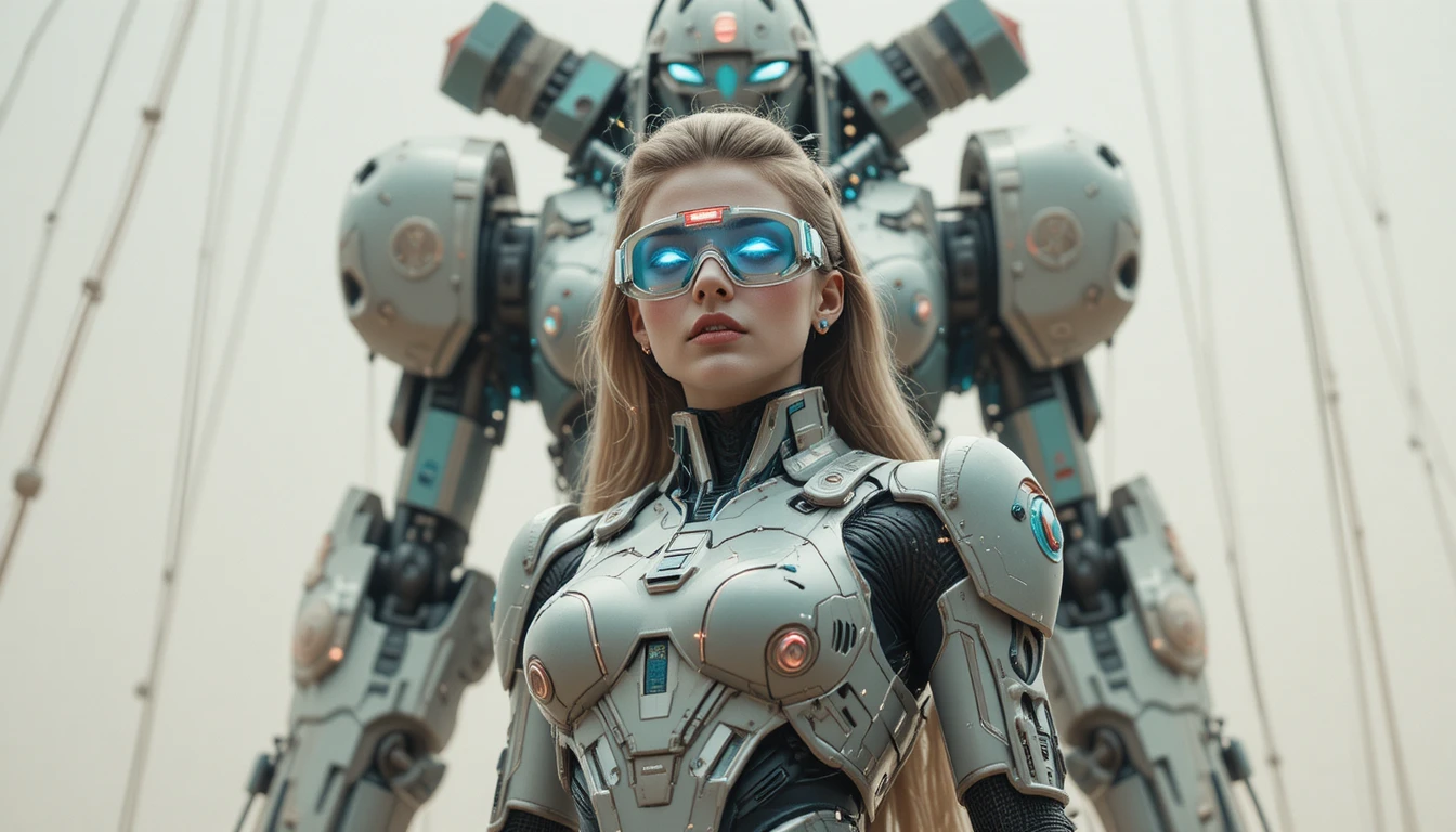 Frau im Mecha-Roboter-Outfit nähert sich einer riesigen Maschine