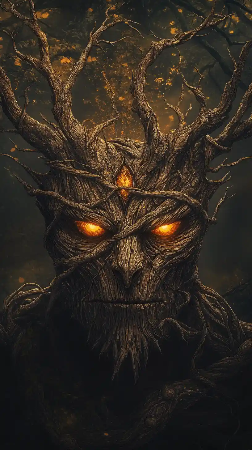 Ancient forest guardian with glowing amber eyes and root crown