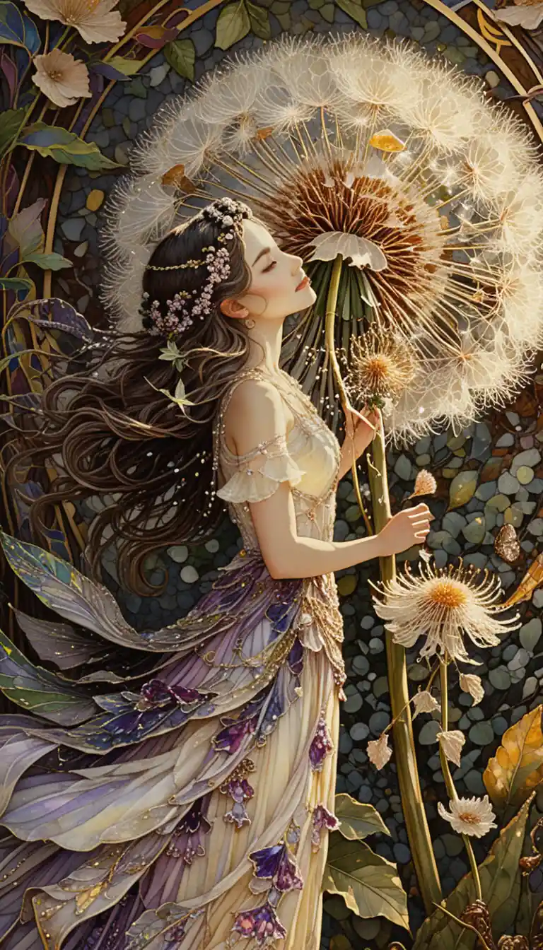 Joyful flower fairy beside a towering dandelion bloom