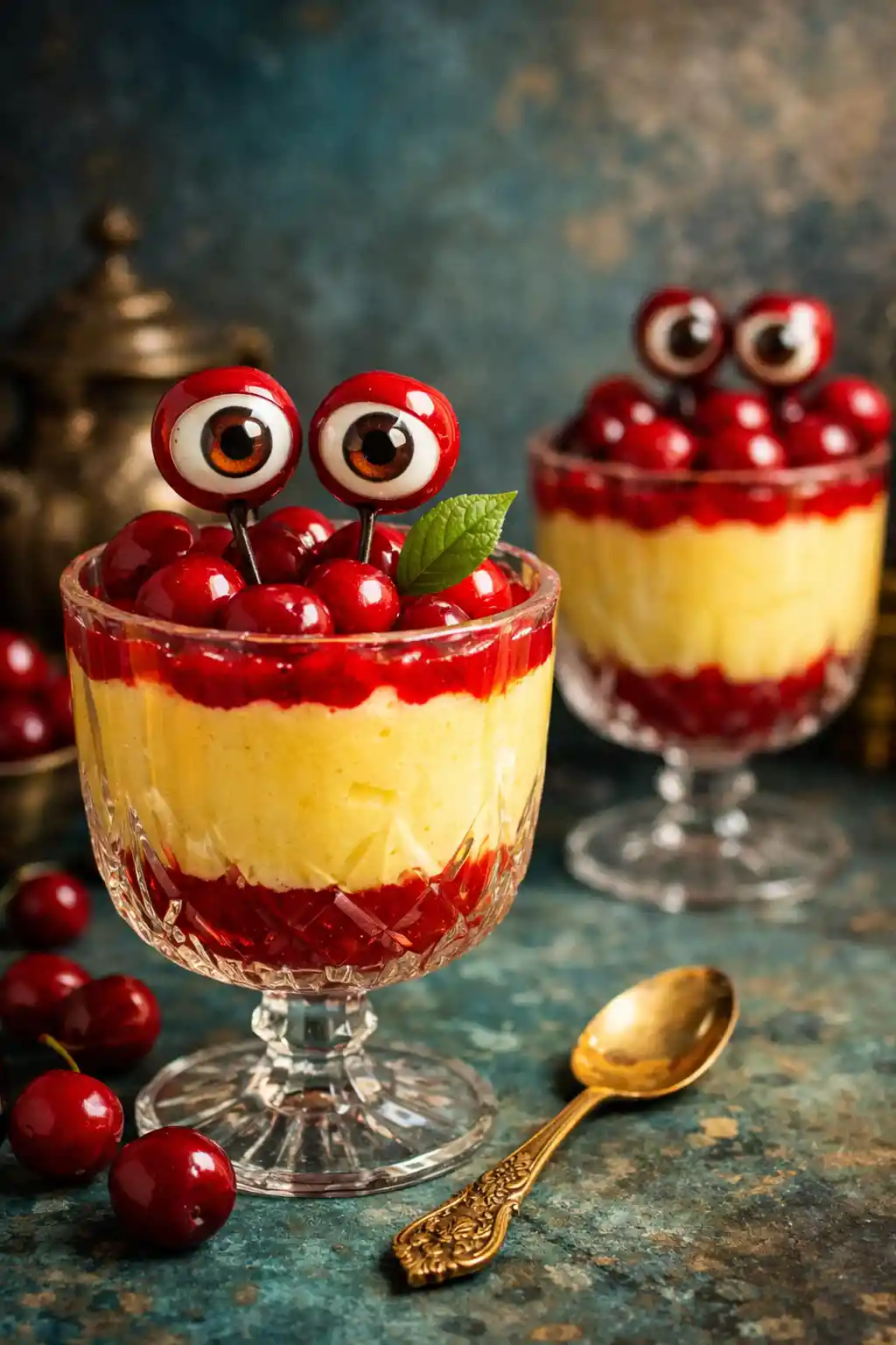 Whimsical cherry dessert goblets with playful cartoon eyes