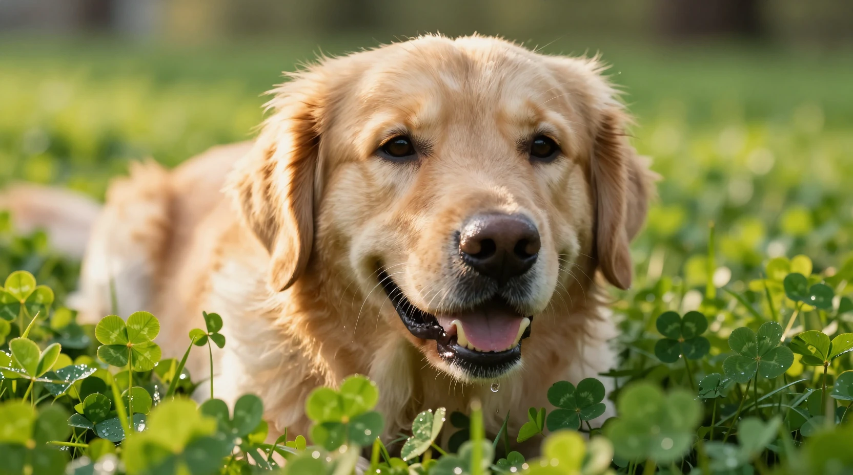Golden retriever close up in green clover field