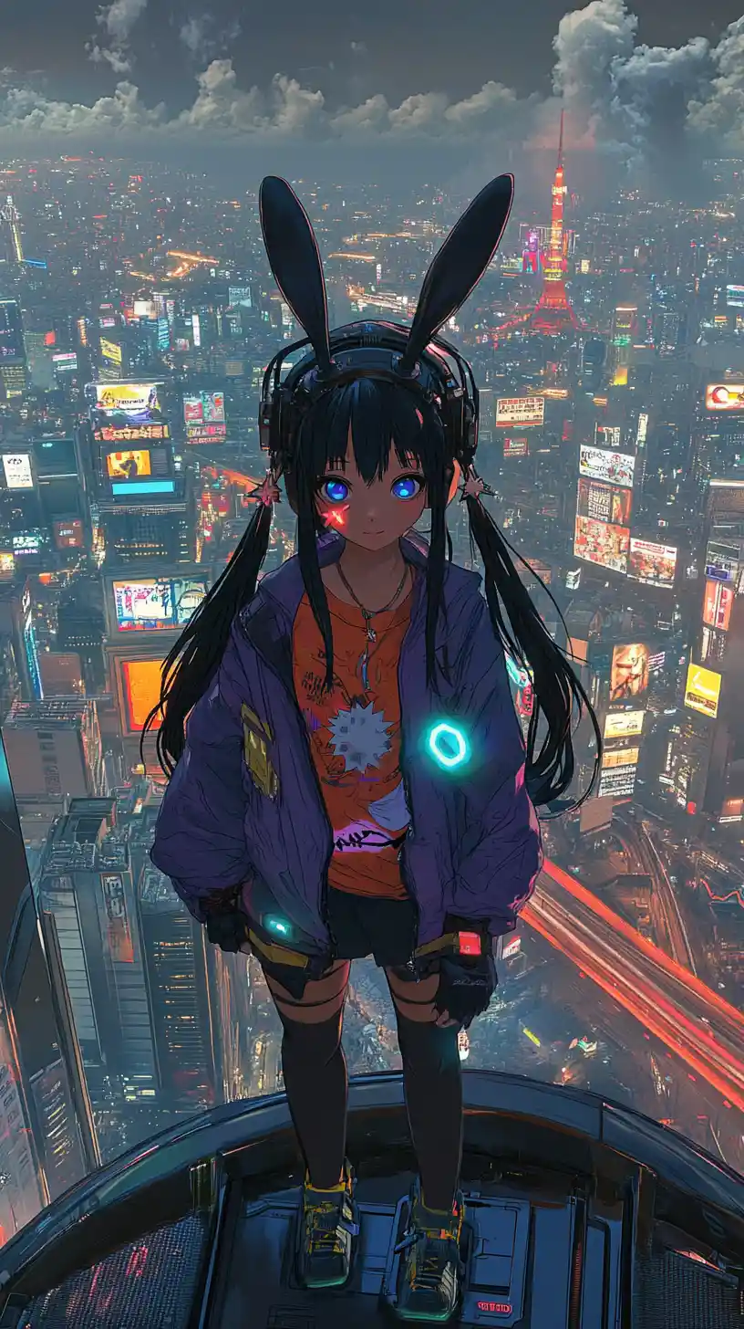 Anime girl on rooftop park in neon cyberpunk city