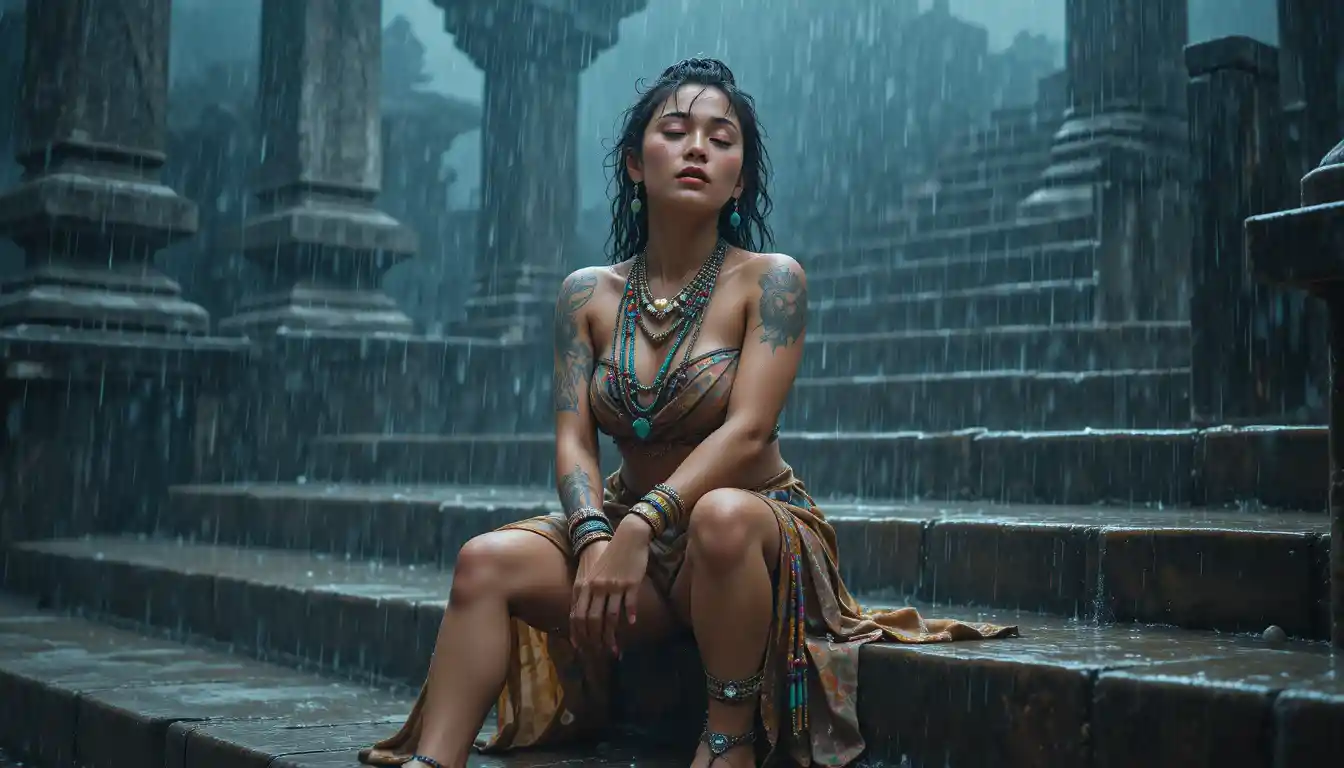 Woman on stone steps in rain with dramatic lighting