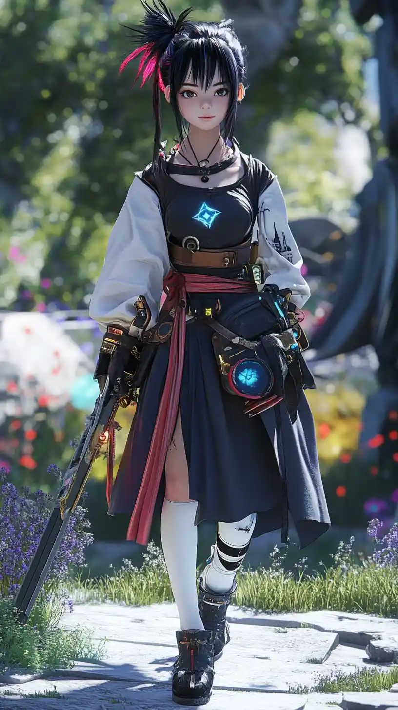 Smiling fantasy girl with futuristic outfit at night