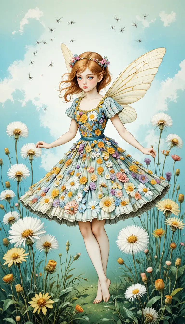 Dandelion fairy girl in a floral dress against blue sky