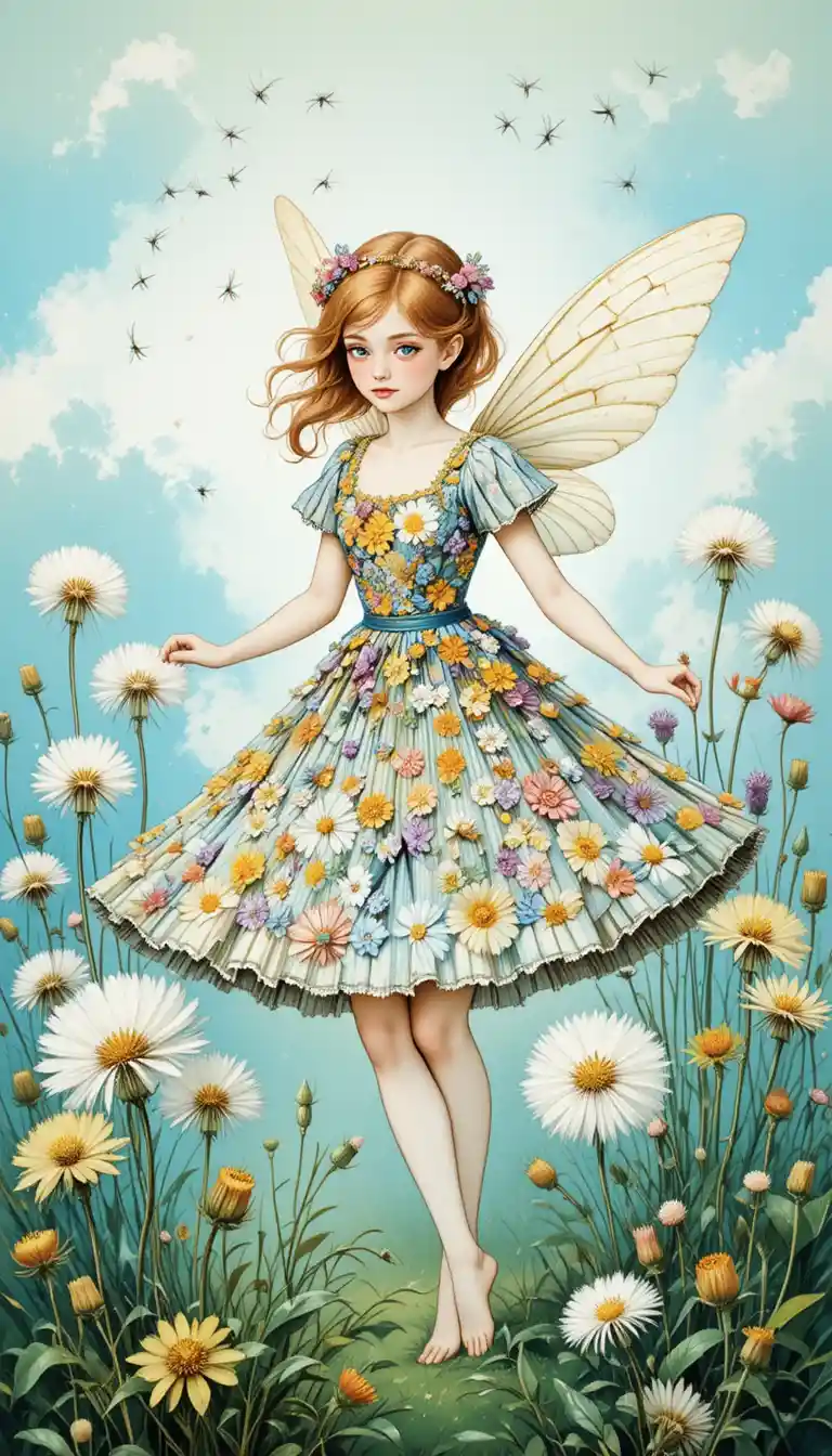 Dandelion fairy girl in a floral dress against blue sky