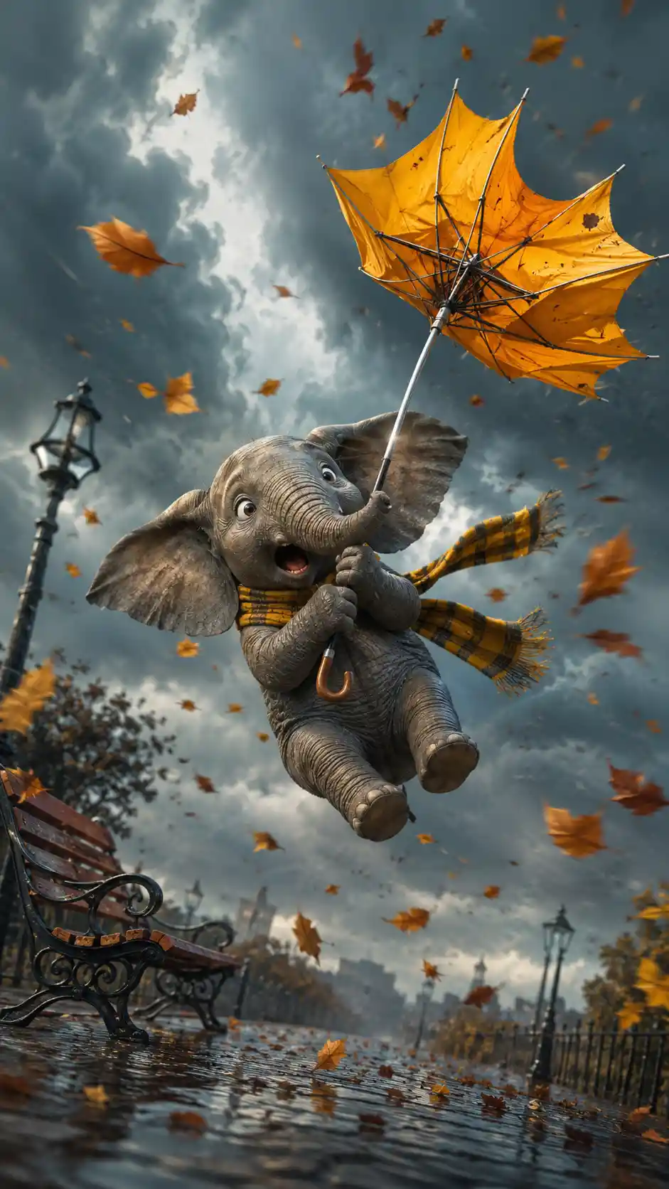 Small Elephant Flying In Wind With Inside Out Umbrella