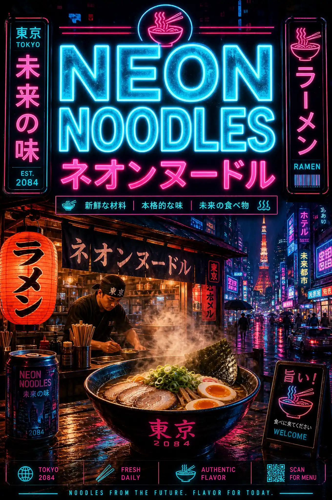 Neon ramen poster with English and Japanese typography