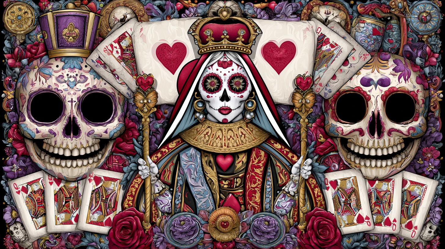 Surreal queen of hearts with sugar skull face and laughing skulls