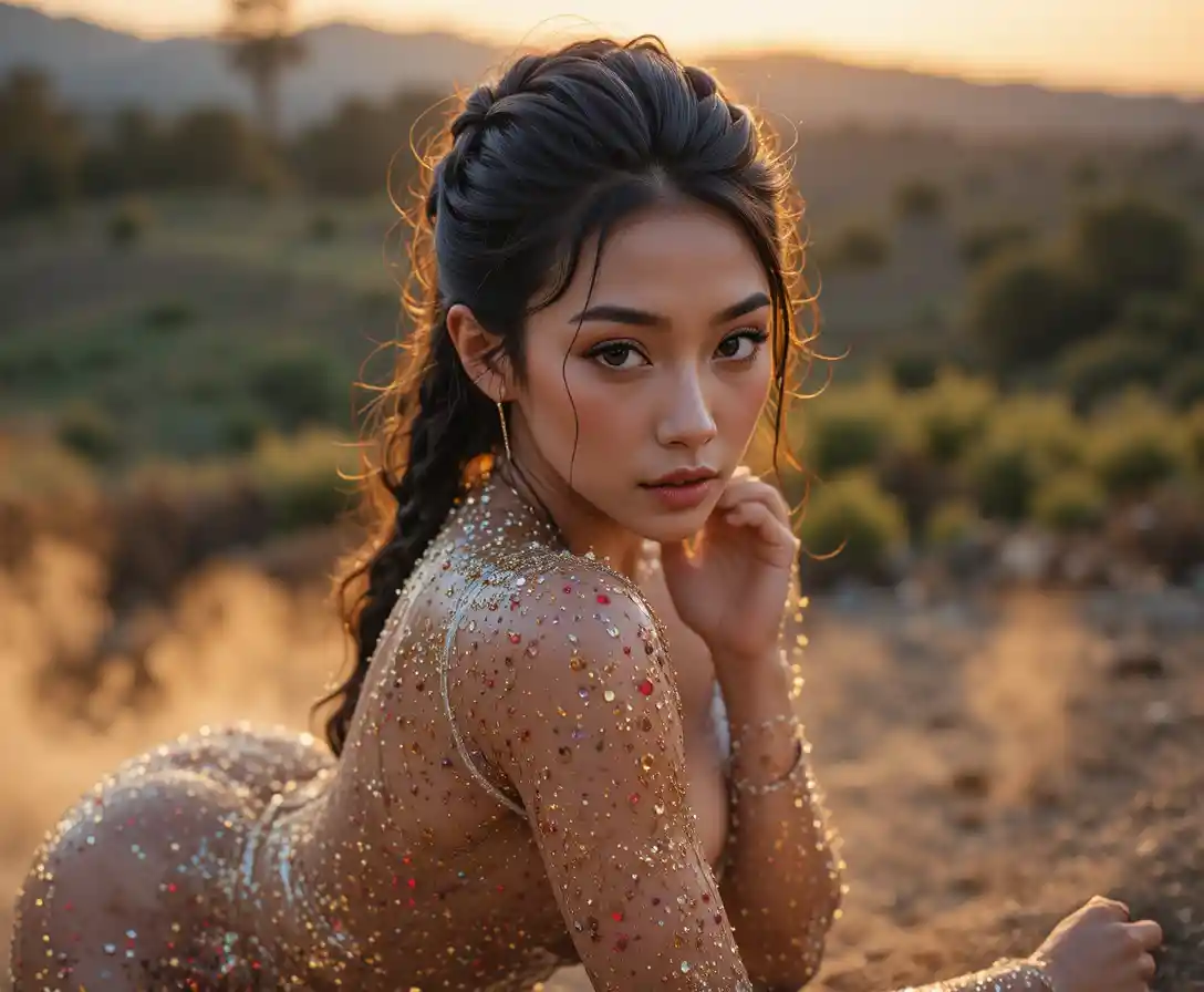 Cinematic close up of a woman in golden sunset light