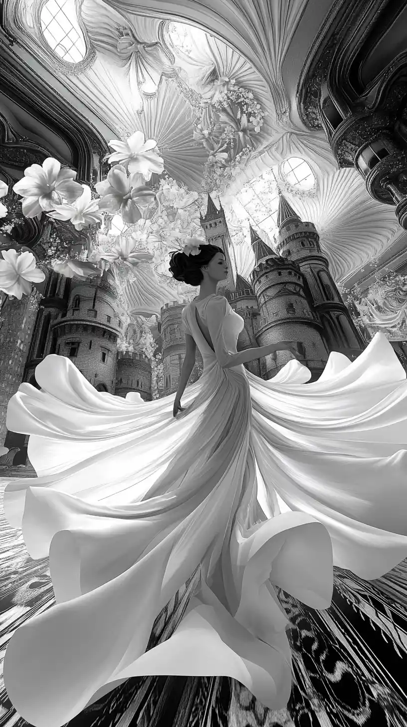 Surreal woman in flowing couture bending gravity and nature