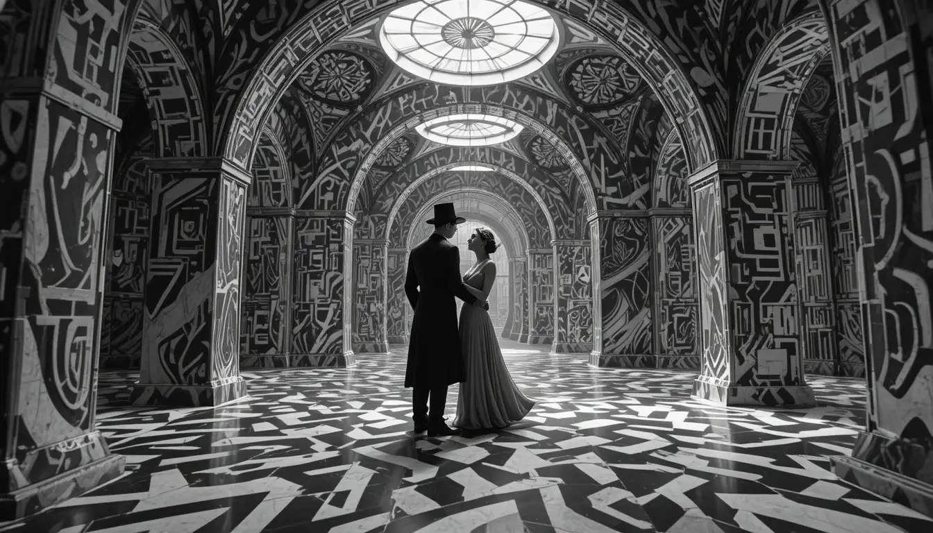 Abstraktes Labyrinth-Interieur mit psychedelisch gemusterter Architektur