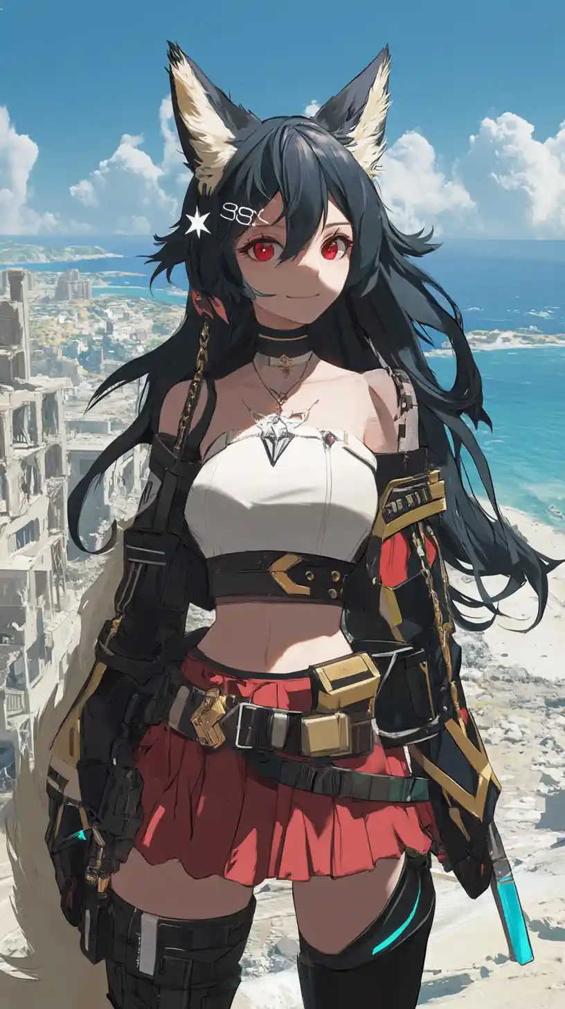 Angry anime girl at ruined harbor with futuristic sword