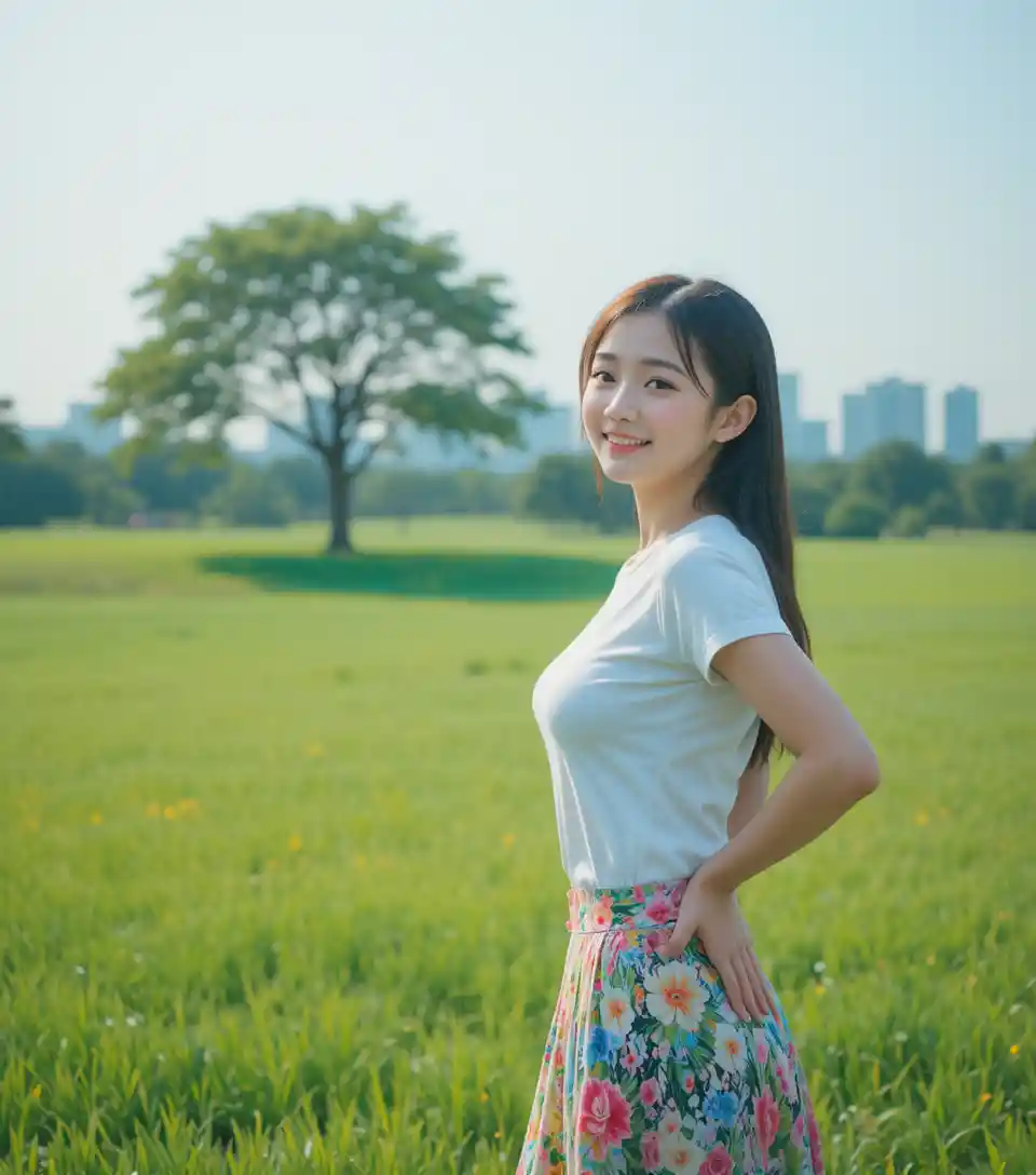 Smiling young woman standing in a sunny green park