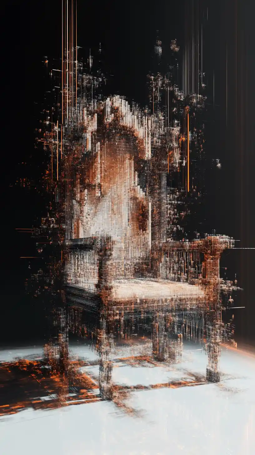 Antique chair breaking into vibrant voxel fragments in motion