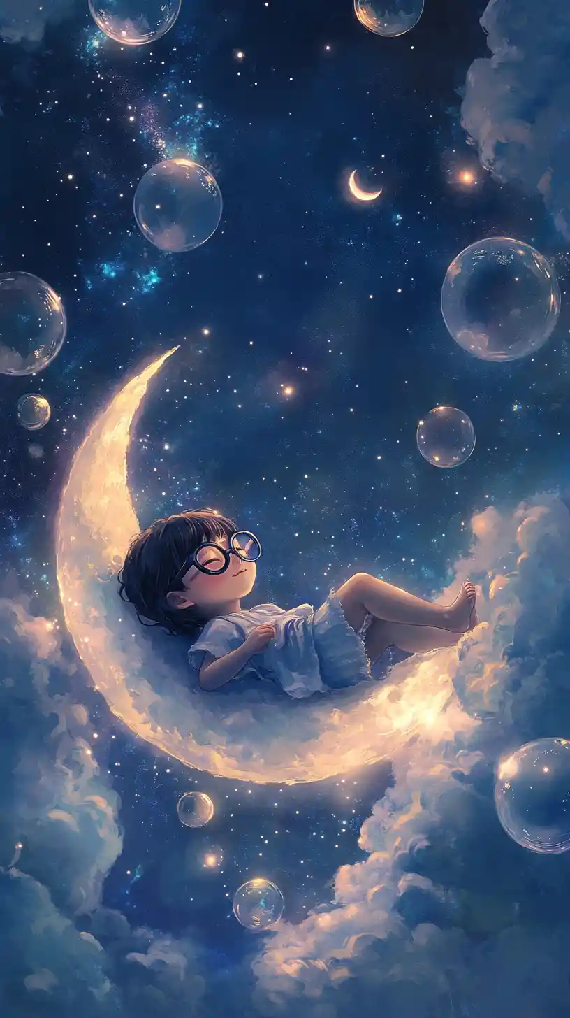 Bambino che riposa su una luna crescente in un cielo da sogno