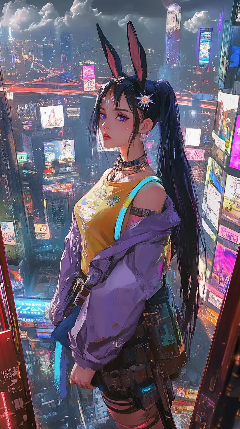 Anime girl in a neon cyberpunk rooftop city park