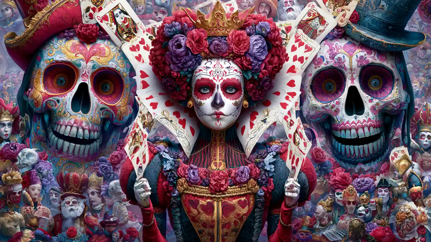 Surreal queen of hearts with sugar skull face and skulls