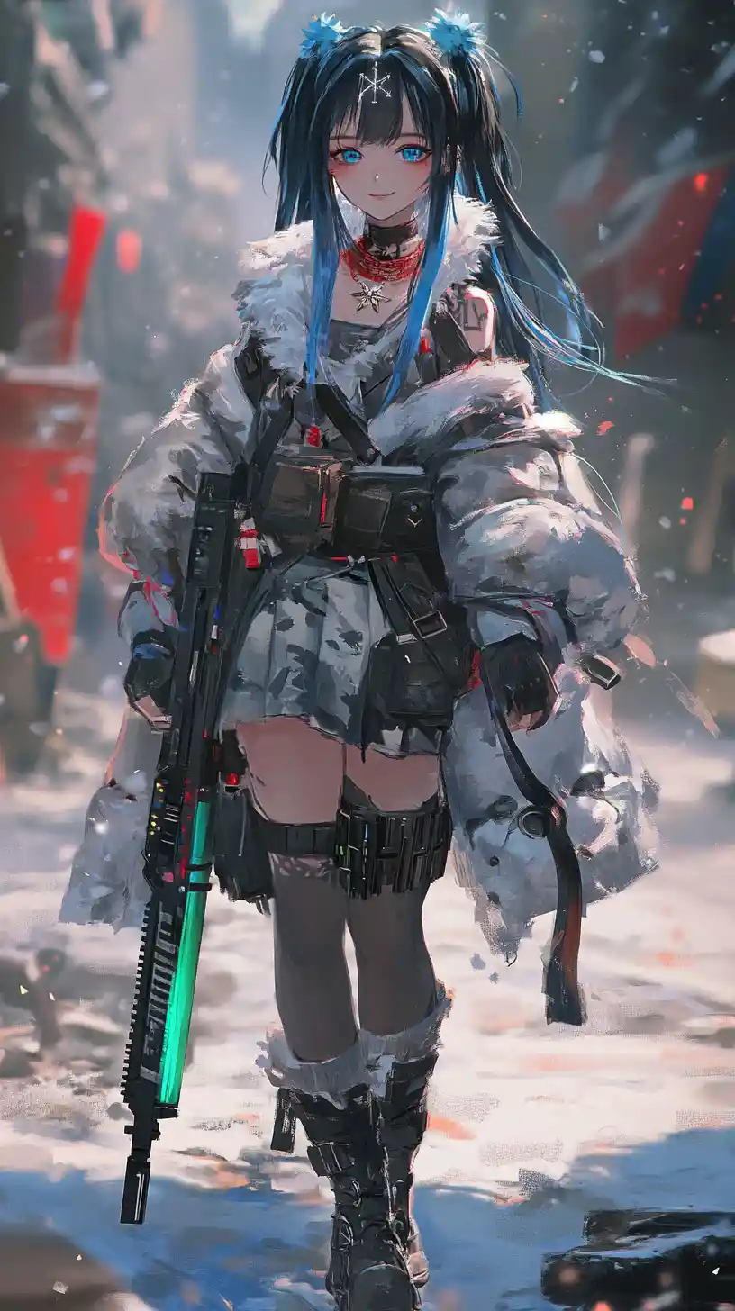 Anime girl with star amulet in futuristic war zone
