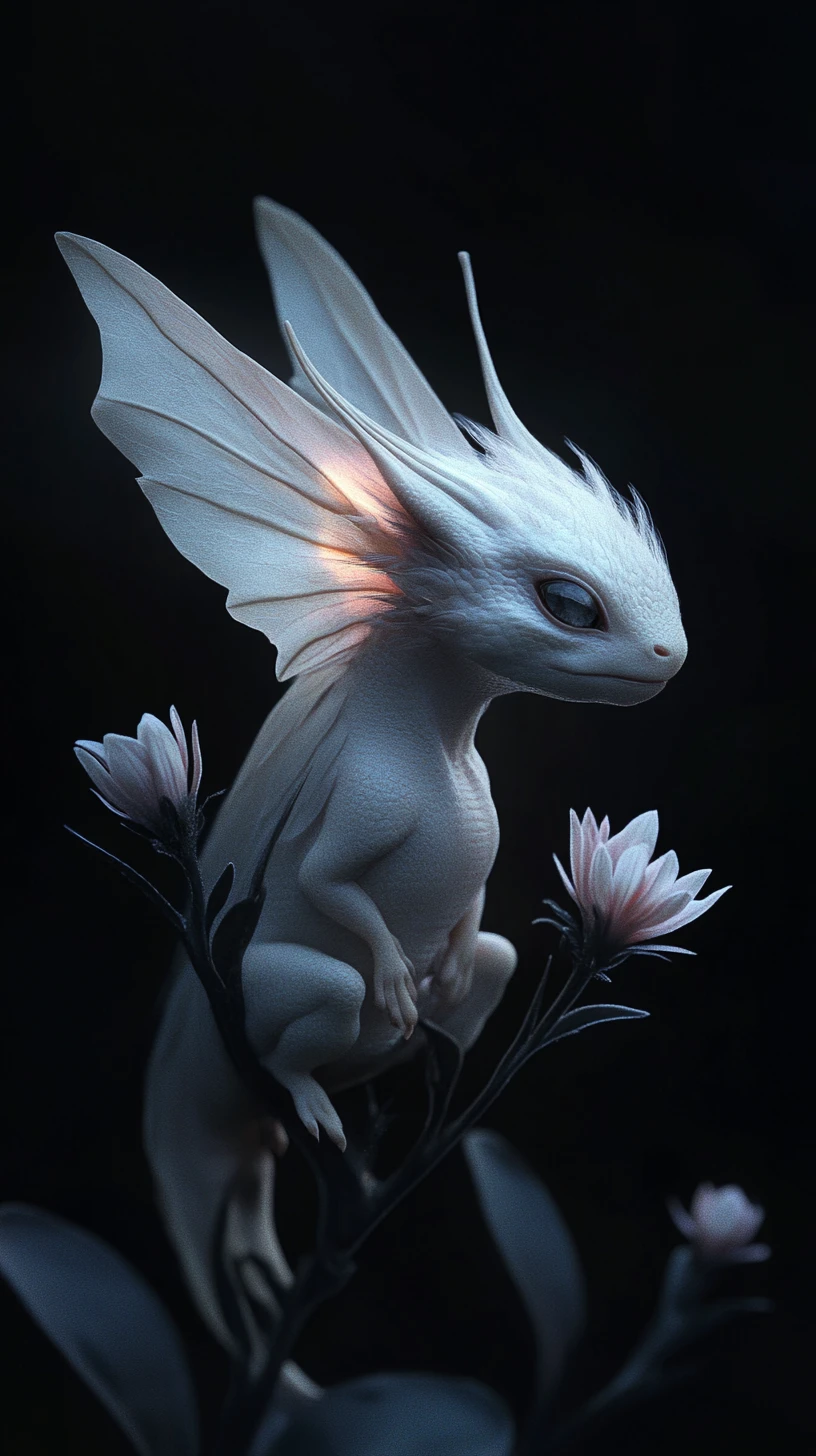 Small eyeless dragon with glowing chest in darkness