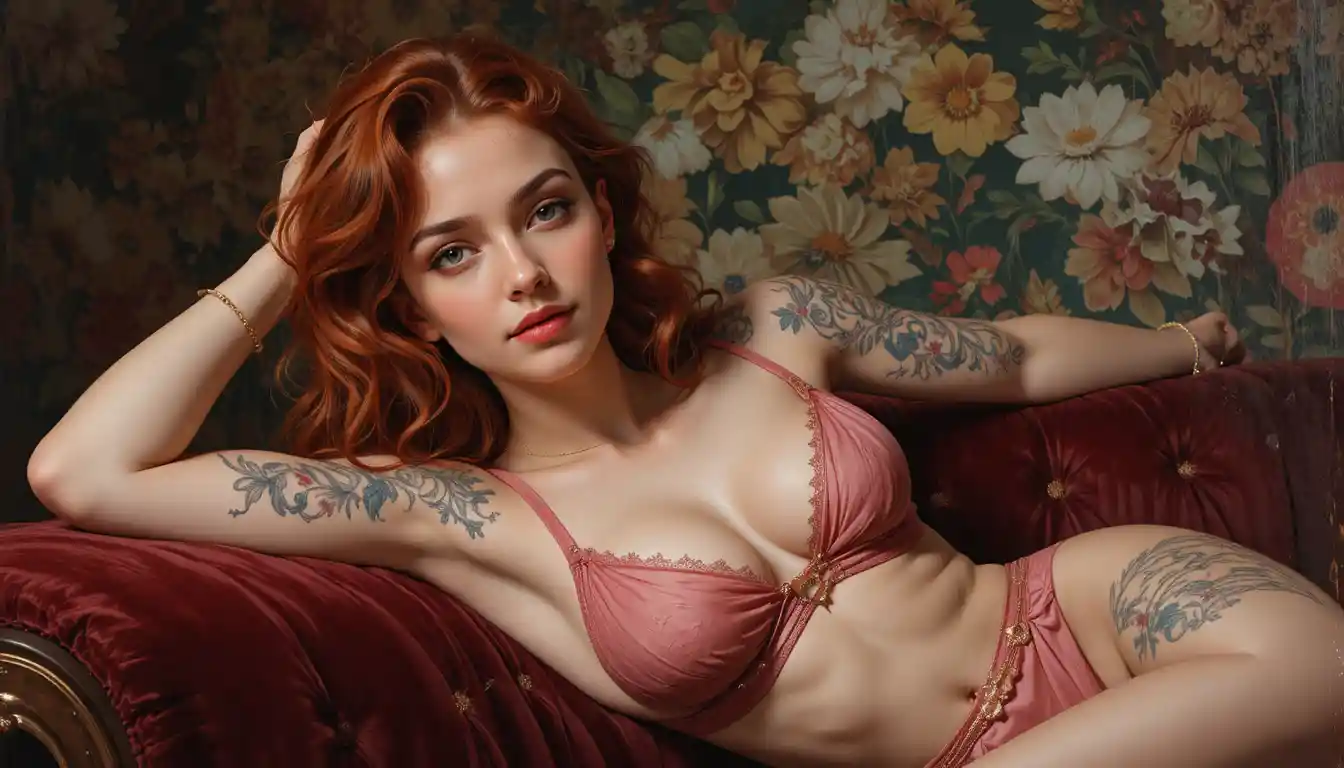 Red haired woman lounging on a velvet sofa in soft light