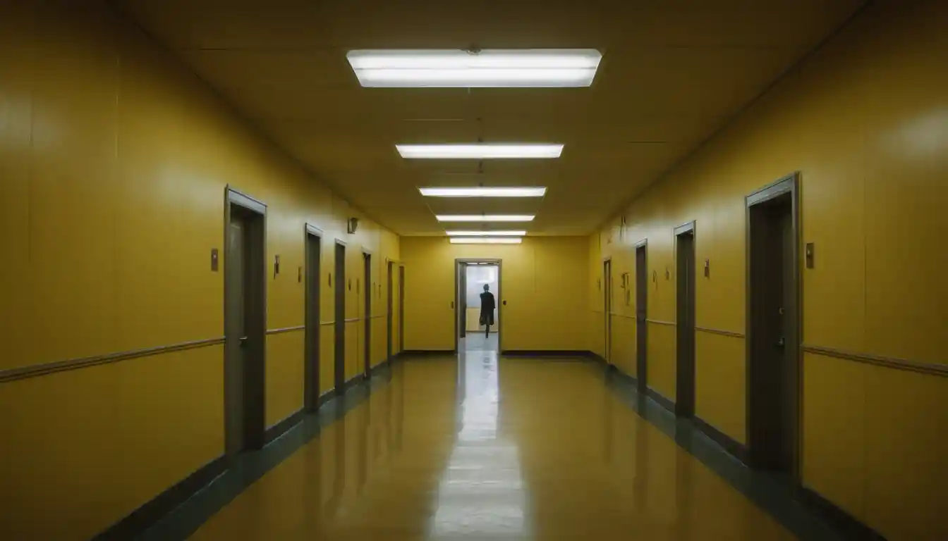 Endless yellow office hallways in a surreal backrooms interior