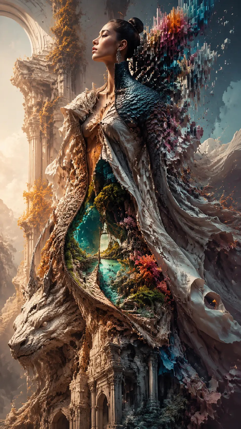 Avant garde fashion woman in surreal dragon like gown