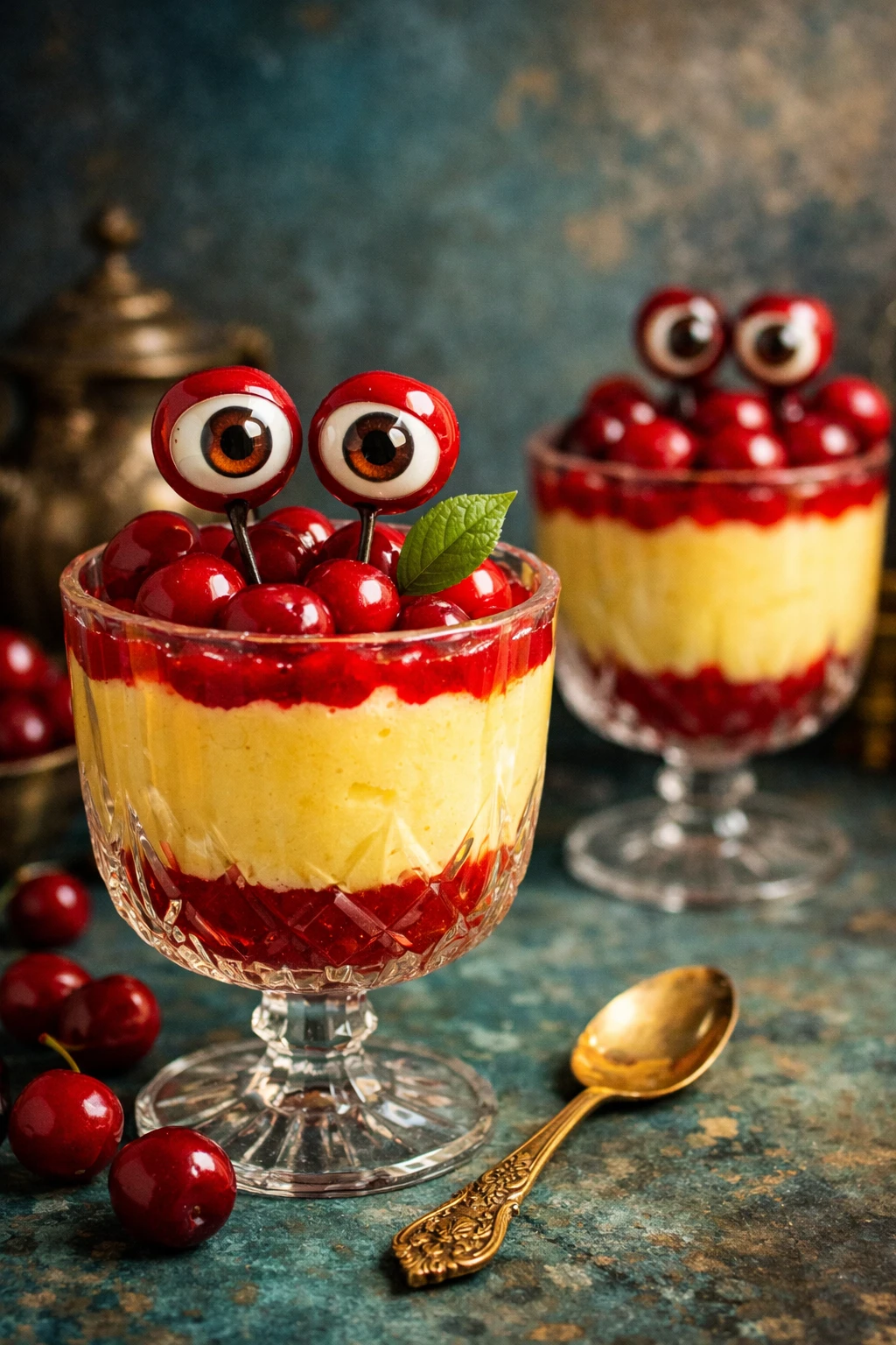 Whimsical cherry dessert goblets with playful cartoon eyes