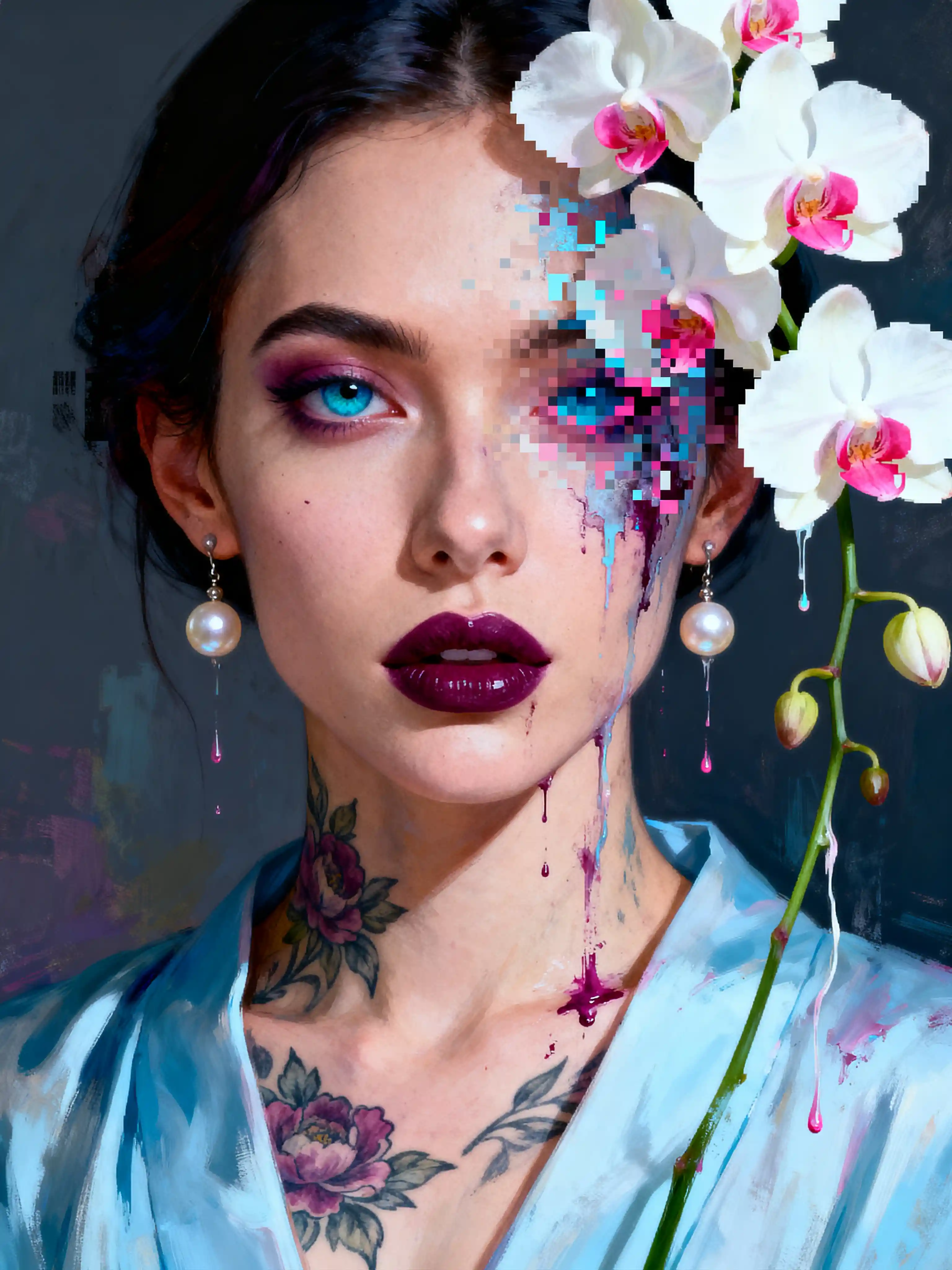 Young woman with orchids and glitch pixel effects portrait