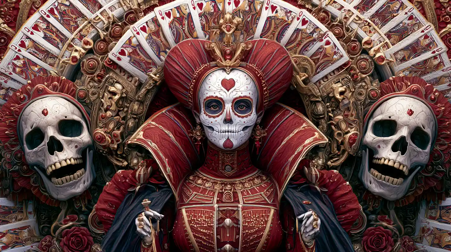 Surreal queen of hearts with sugar skull and laughing skulls