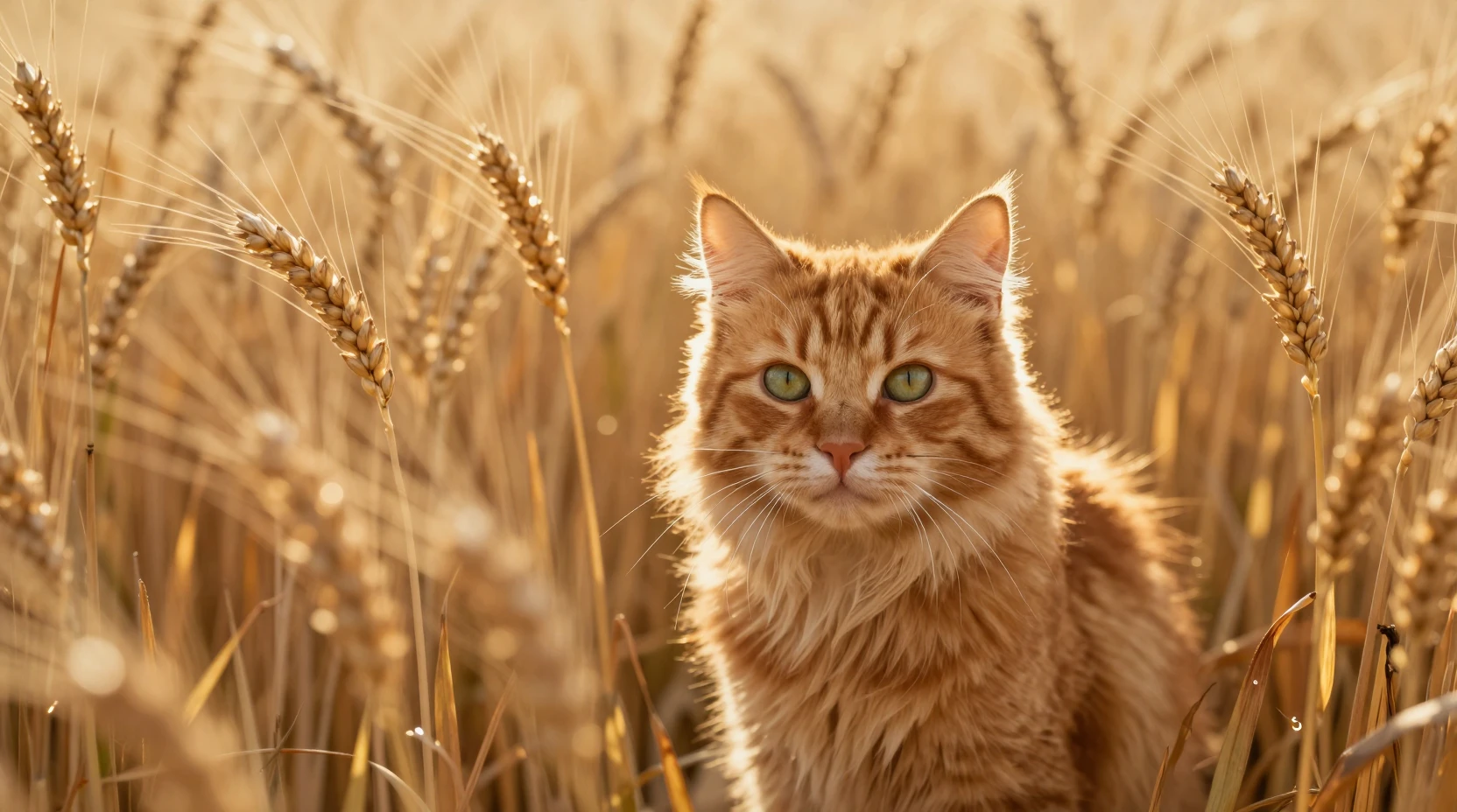 Ginger tabby cat in tall golden wheat at sunset