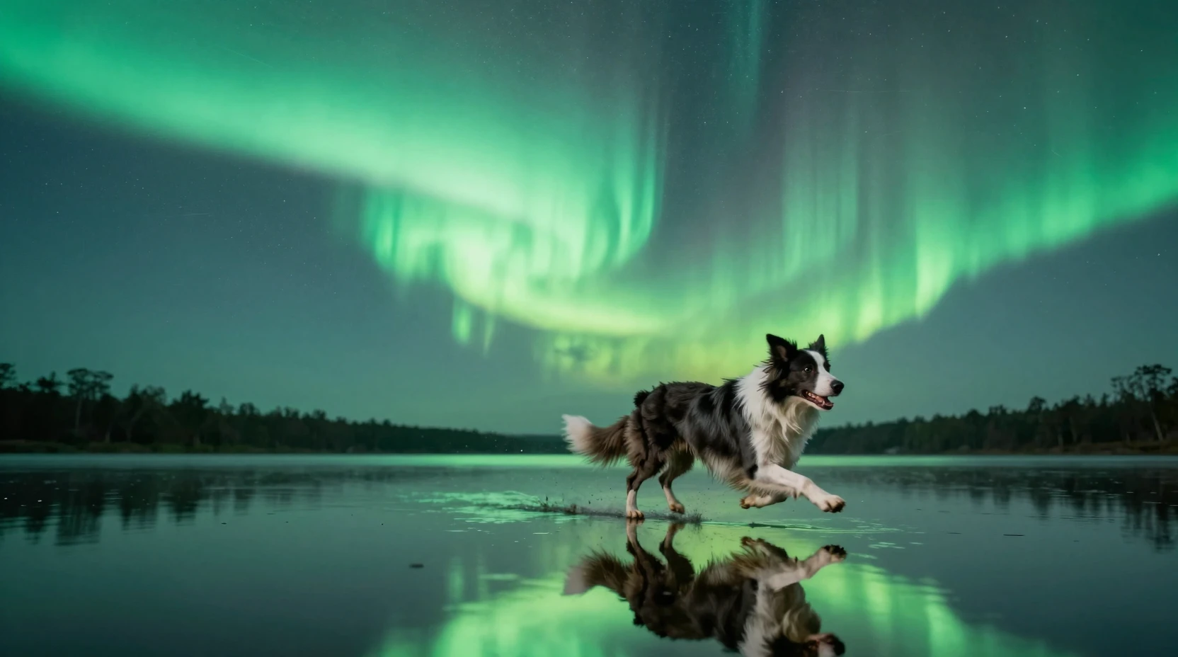Border collie running across a mirror lake under aurora