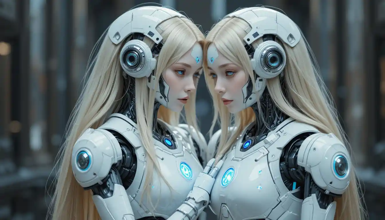 Two blonde haired female robots embracing in white armor
