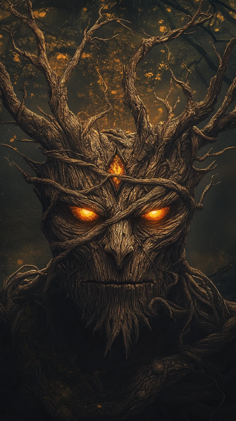Ancient forest guardian with glowing amber eyes and root crown