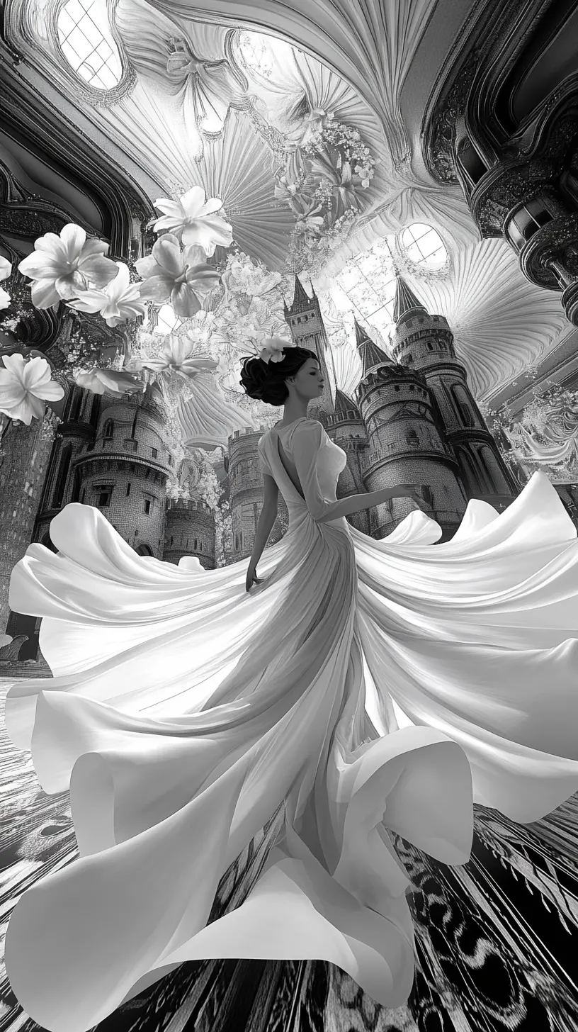 Surreal woman in flowing couture bending gravity and nature
