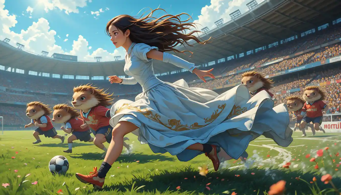 Elegant anime girl sprinting across a soccer field