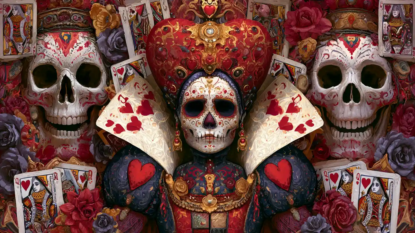 Surreal queen of hearts with sugar skull face and cards