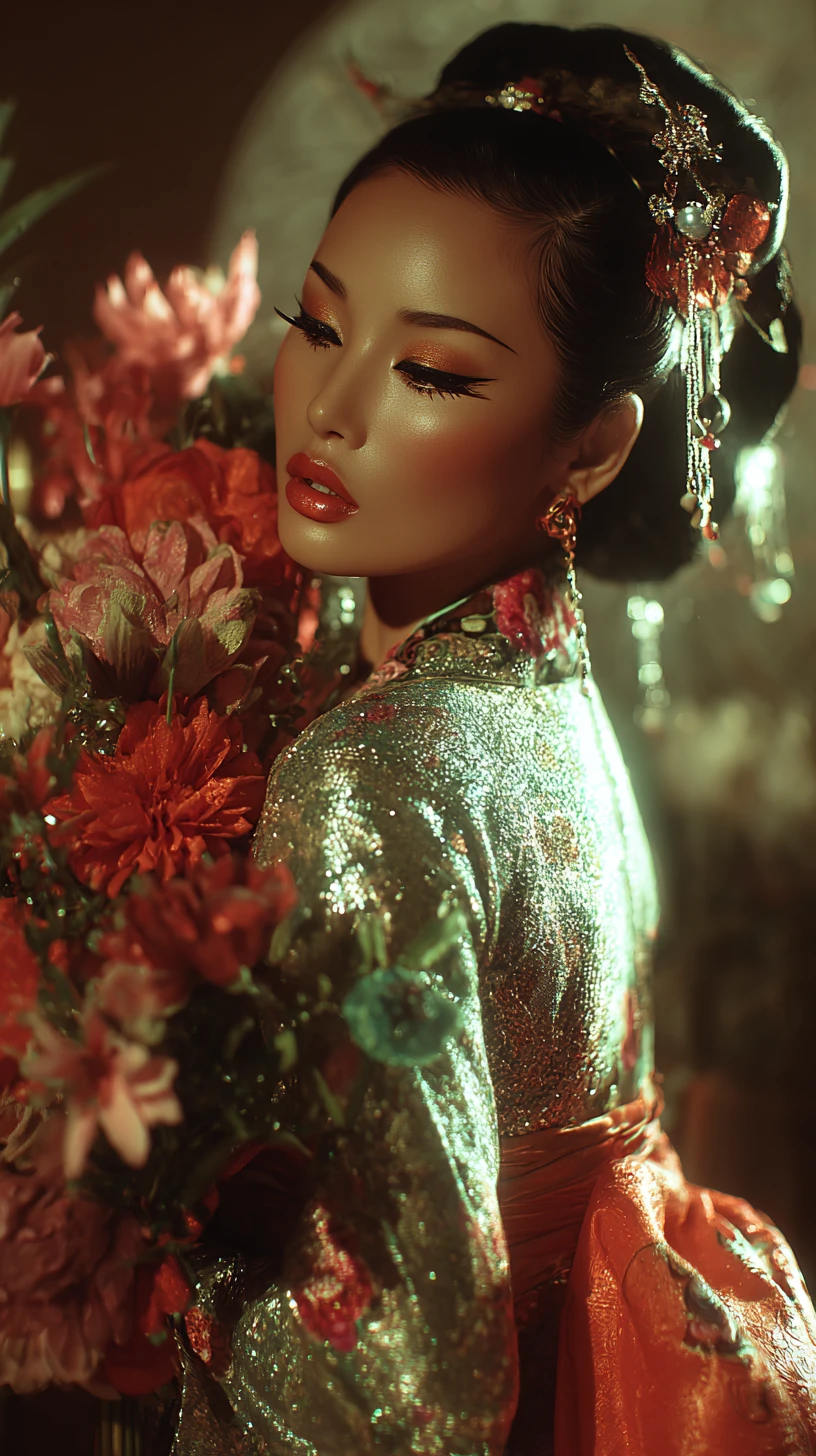 Elegante mujer china antigua con lujoso hanfu y flores